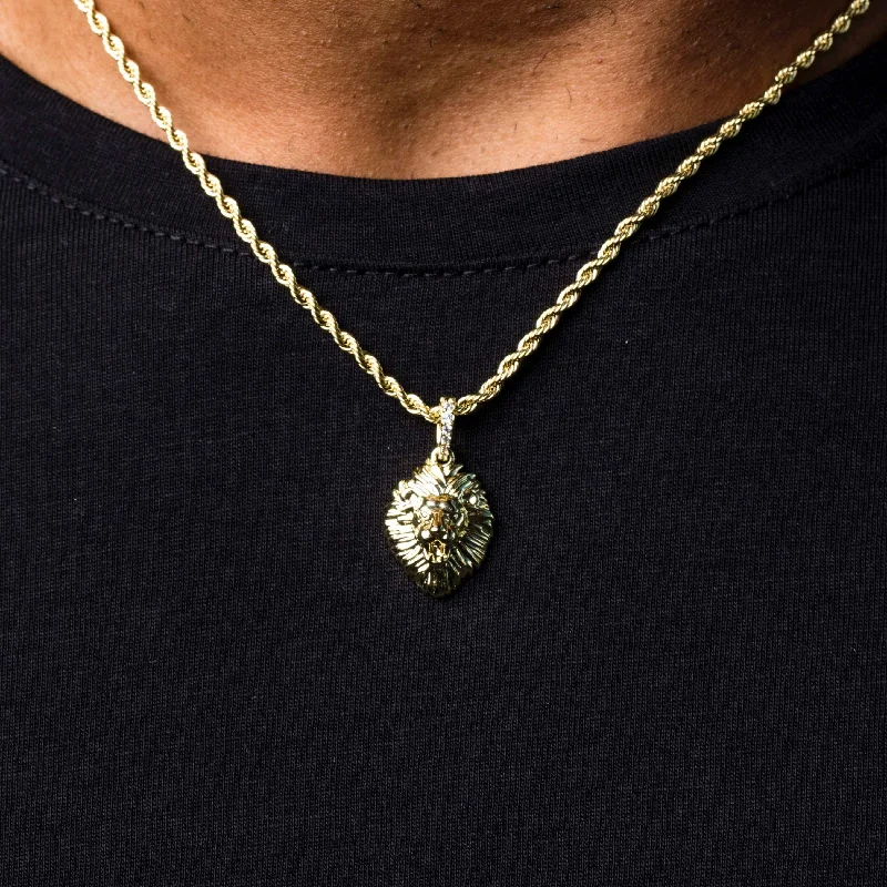 Silver Chain Bracelets for Men-Mini Lion Pendant in Yellow Gold