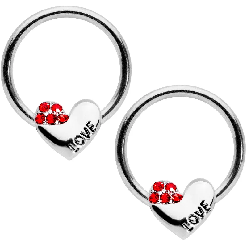 Stunning Lip Rings for Fashionable Piercings14 Gauge 1/2 Red Gem Love Heart BCR Captive Nipple Ring Set