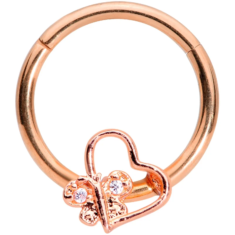 Artistic Nose Rings for Creative Looks -16 Gauge 3/8 Clear CZ Gem Rose Gold Tone Heart Septum Clicker