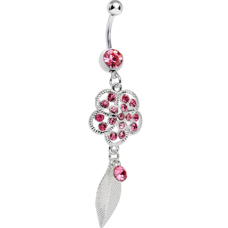 Designer Belly Rings for Fashion-Forward Women -Pink Gem  Flower Falling Leaf Belly Ring