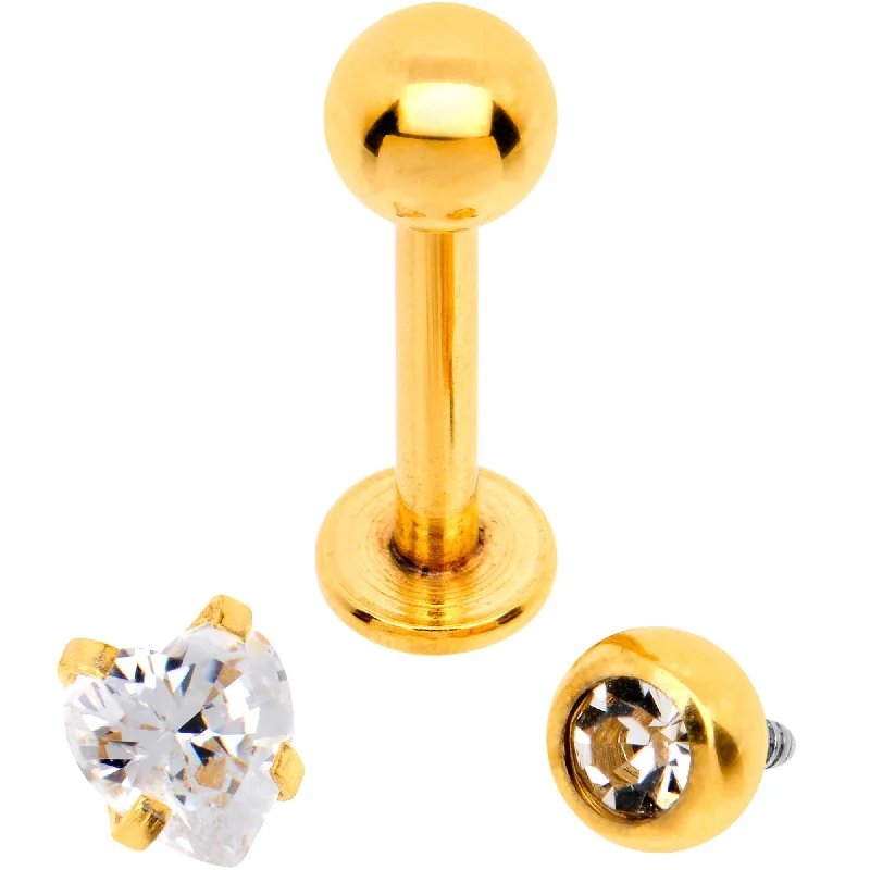 Women's Earrings – Elegant Designs for Every Personality--Clear CZ Gem Gold PVD Heart Internally Threaded Labret Set of 3 Ends