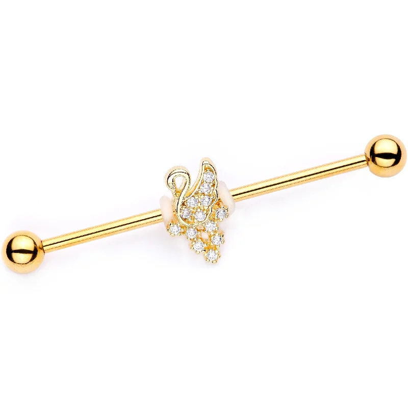 Women's Earrings – Elegant Designs for Every Personality--Clear CZ Gem Gold PVD Royal Swan Industrial Barbell 38mm Women's Earrings – Elegant Designs for Every Personality--Clear CZ Gem Gold PVD Royal Swan Industrial Barbell 38mm
