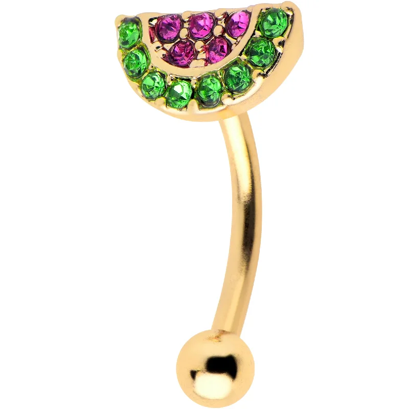 Women's Earrings – Elegant Designs for Every Personality--16 Gauge 5/16 Pink Gem Gold Tone Watermelon Yum Curved Eyebrow Ring