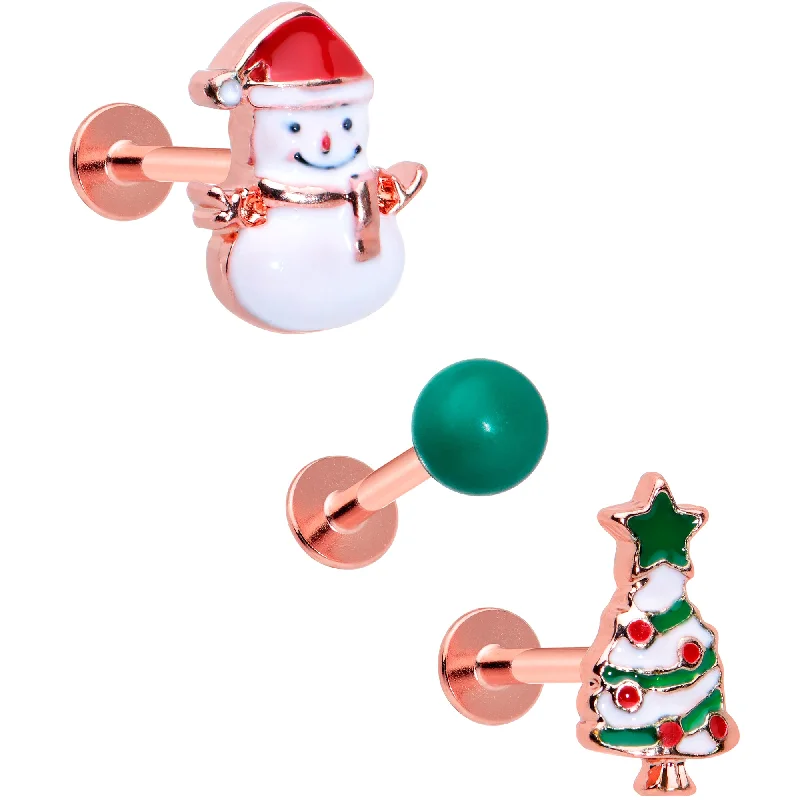 Beautiful Lip Rings for Fashion-Forward Women16 Gauge 5/16 Red Gem Rose Gold Tone Snowman Christmas Labret Set of 3