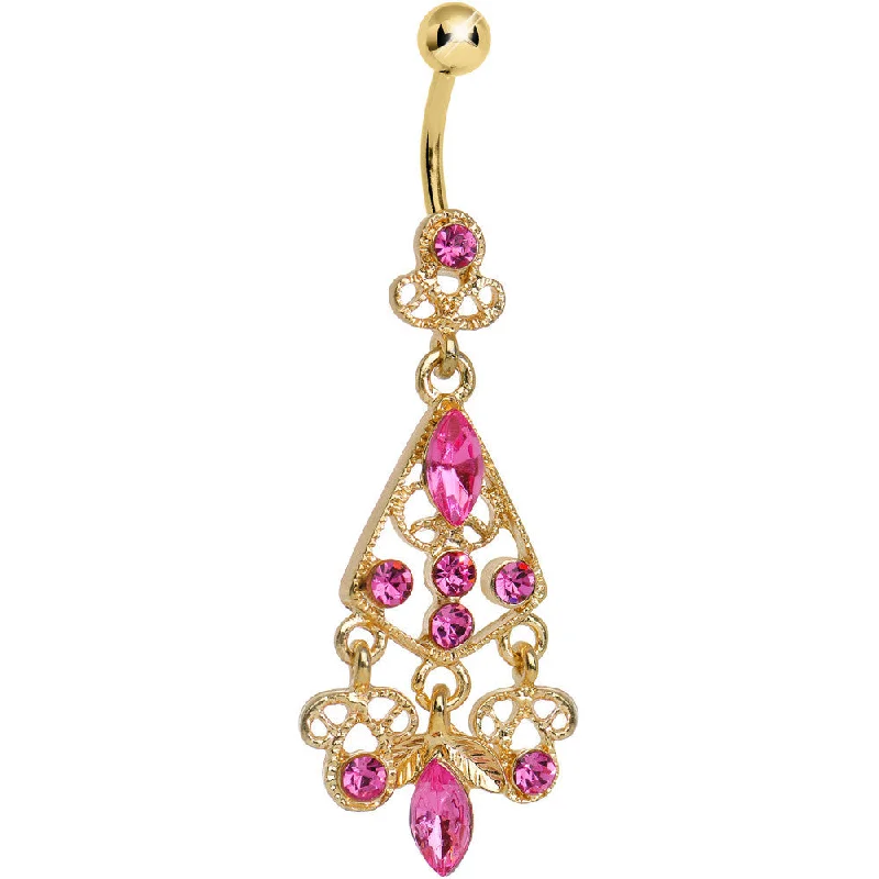 Belly Rings for Chic Fashionistas -Gold Plated Luxurious Pink CZ Chandelier Belly Ring Belly Rings for Chic Fashionistas -Gold Plated Luxurious Pink CZ Chandelier Belly Ring