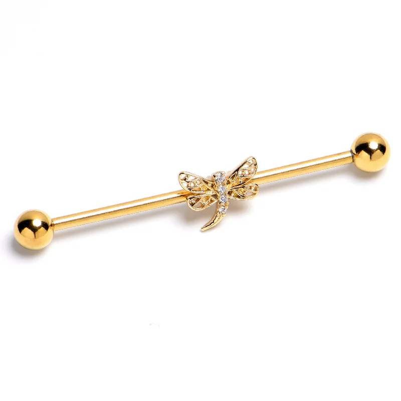 Women's Earrings – Elegant Designs for Every Personality--14 Gauge Clear Gem Gold Tone Filigree Dragonfly Industrial Barbell 38mm
