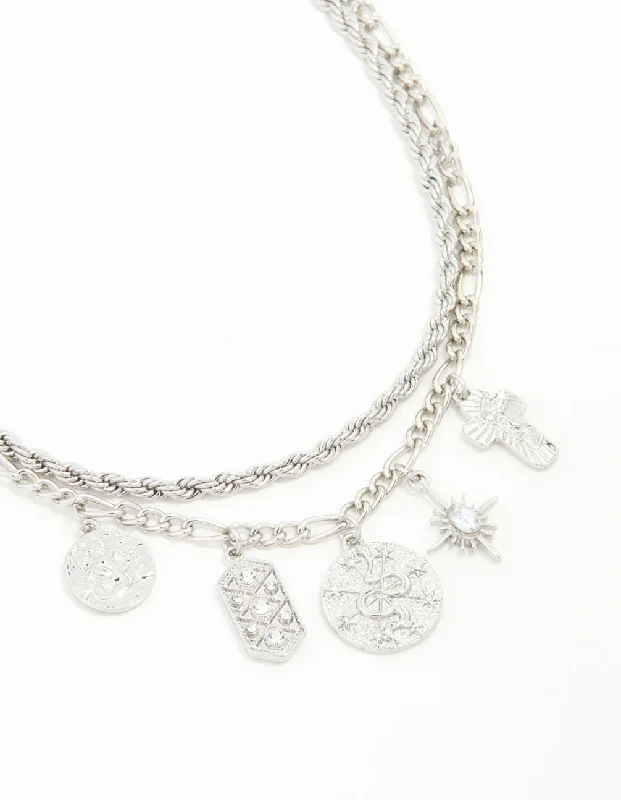 Shop Classic Women's Necklaces & Pendants with a Modern Twist-Silver Textured & Diamante Charm Layered Necklace Shop Classic Women's Necklaces & Pendants with a Modern Twist-Silver Textured & Diamante Charm Layered Necklace