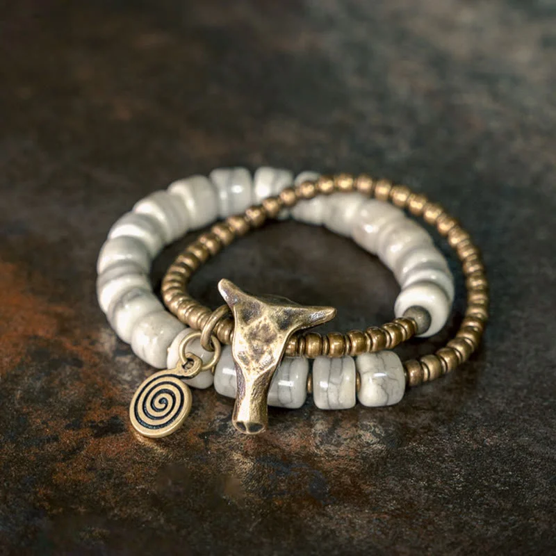 Cool Bracelets for Men-Buddha Stones White Yak Bone Copper Yak Head Double Wrap Balance Bracelet Cool Bracelets for Men-Buddha Stones White Yak Bone Copper Yak Head Double Wrap Balance Bracelet