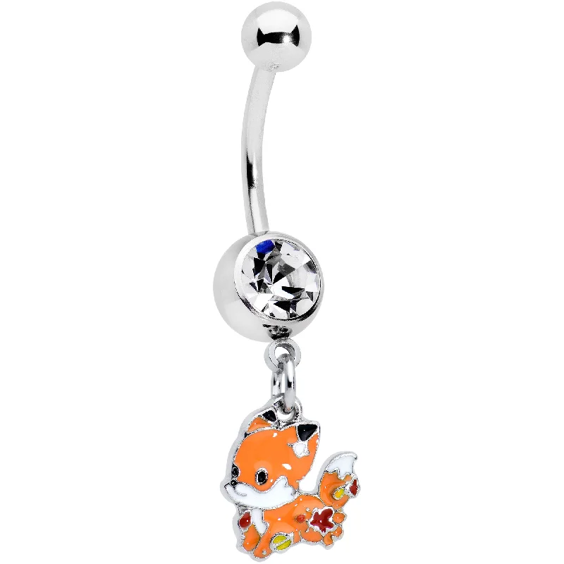Belly Rings with Glittering Stones for Extra Shine -Clear Gem Cute Fall Fox Dangle Belly Ring