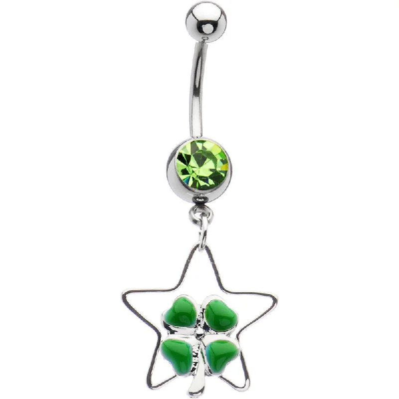 Belly Rings with Unique Designs for Custom Style -Peridot Green Gem Hollow Star Clover Belly Ring Belly Rings with Unique Designs for Custom Style -Peridot Green Gem Hollow Star Clover Belly Ring