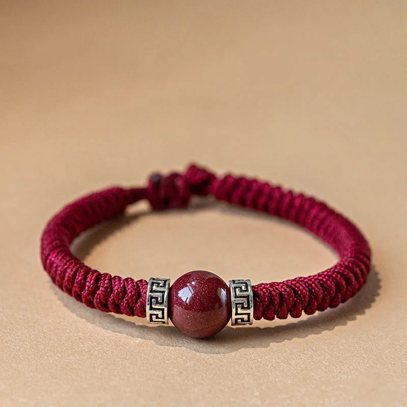Men's Metal Chain Bracelets-Buddha Stones 925 Sterling Silver Natural Cinnabar Bead Calm Handmade Braided String Bracelet