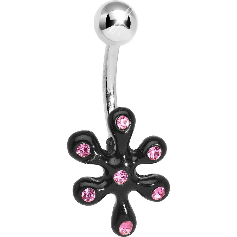 Comfortable Belly Rings for Casual Looks -Pink Gem Black Bursting Flower Belly Ring