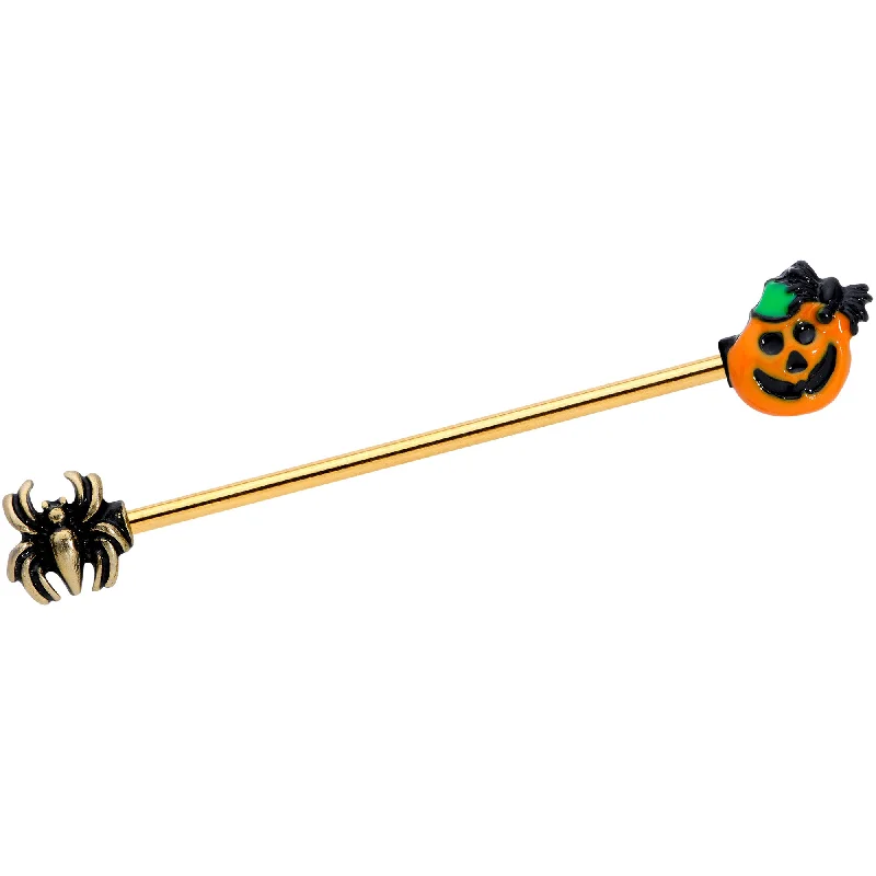 Women's Earrings – Elegant Designs for Every Personality--14 Gauge Gold Tone Spider Pumpkin Halloween Industrial Barbell 38mm