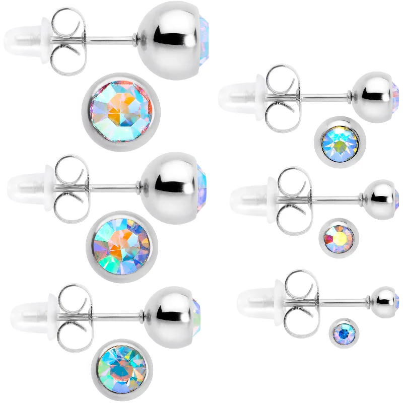 Women's Earrings – Elegant Designs for Every Personality--Aurora Gem 3mm to 8mm Ball End Stud Earrings Set of 6