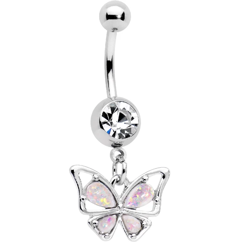 Comfortable Belly Rings for Everyday Glam -White Faux Opal Hollow Wing Butterfly Dangle Belly Ring Comfortable Belly Rings for Everyday Glam -White Faux Opal Hollow Wing Butterfly Dangle Belly Ring
