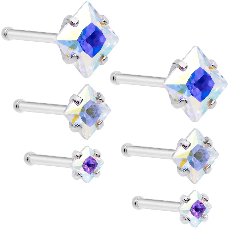 Nose Rings with Simple Stones -20 Gauge 1/4 Aurora Gem Square Multi Size Nose Bone Set of 6 Nose Rings with Simple Stones -20 Gauge 1/4 Aurora Gem Square Multi Size Nose Bone Set of 6