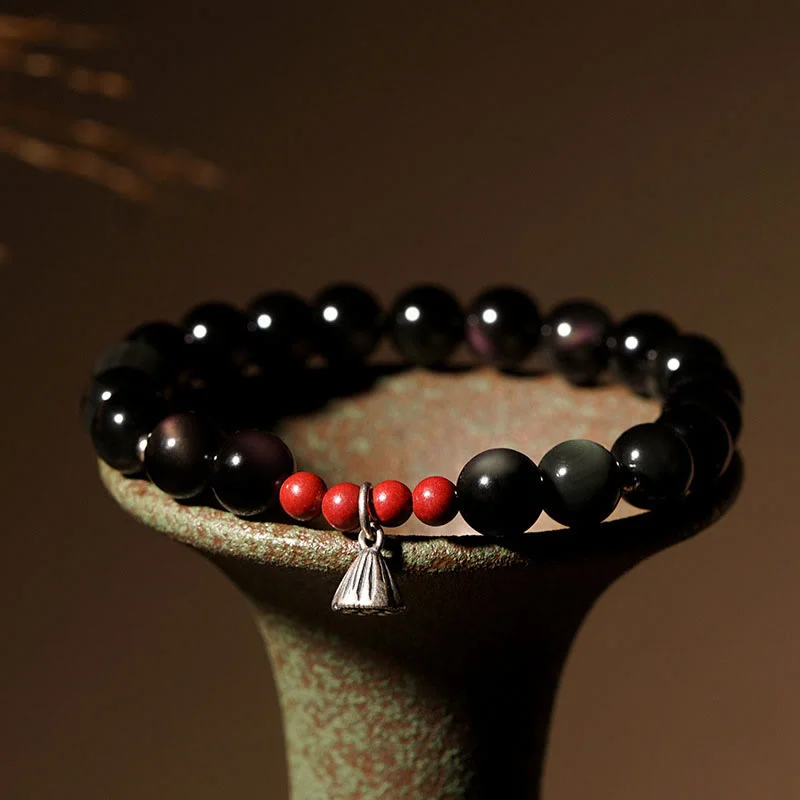 Men's Bracelets with Skull Charms-Buddha Stones Natural Black Obsidian Cinnabar Lotus Charm Strength Fulfillment Bracelet