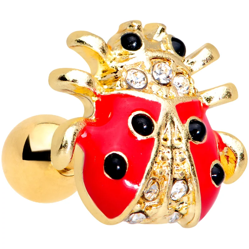 Women's Earrings – Elegant Designs for Every Personality--16 Gauge 1/4 Clear Black Gem Gold Tone Ladybug Cartilage Tragus Earring