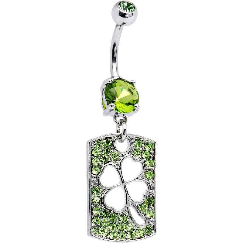 Comfortable Belly Rings for Fashion-Forward Women -Green Gem Paved Shamrock Plate Dangle Belly Ring Comfortable Belly Rings for Fashion-Forward Women -Green Gem Paved Shamrock Plate Dangle Belly Ring