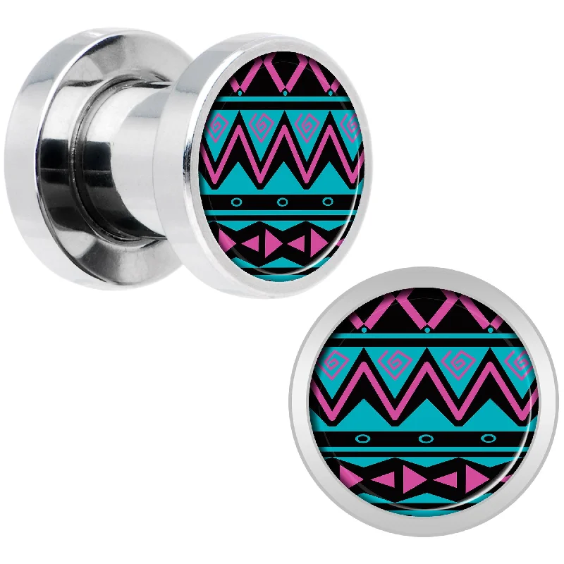 Women's Earrings – Elegant Designs for Every Personality--Pink Teal Tribal Print Steel Screw Fit Plug Set 2 Gauge Women's Earrings – Elegant Designs for Every Personality--Pink Teal Tribal Print Steel Screw Fit Plug Set 2 Gauge