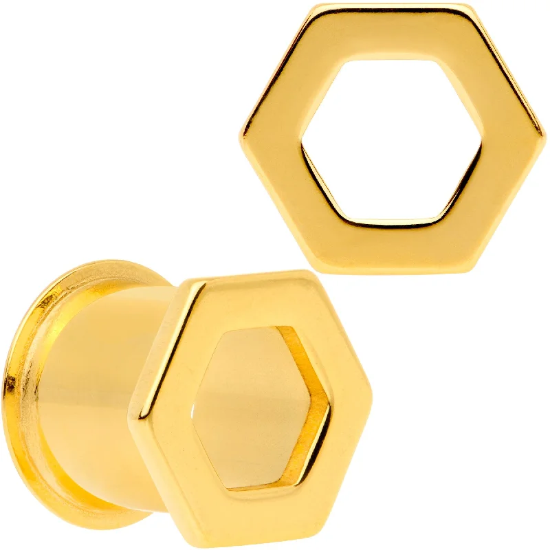 Women's Earrings – Elegant Designs for Every Personality--Gold Tone Geometric Hexagon Double Flare Tunnel Plug Set 3mm to 25mm Women's Earrings – Elegant Designs for Every Personality--Gold Tone Geometric Hexagon Double Flare Tunnel Plug Set 3mm to 25mm