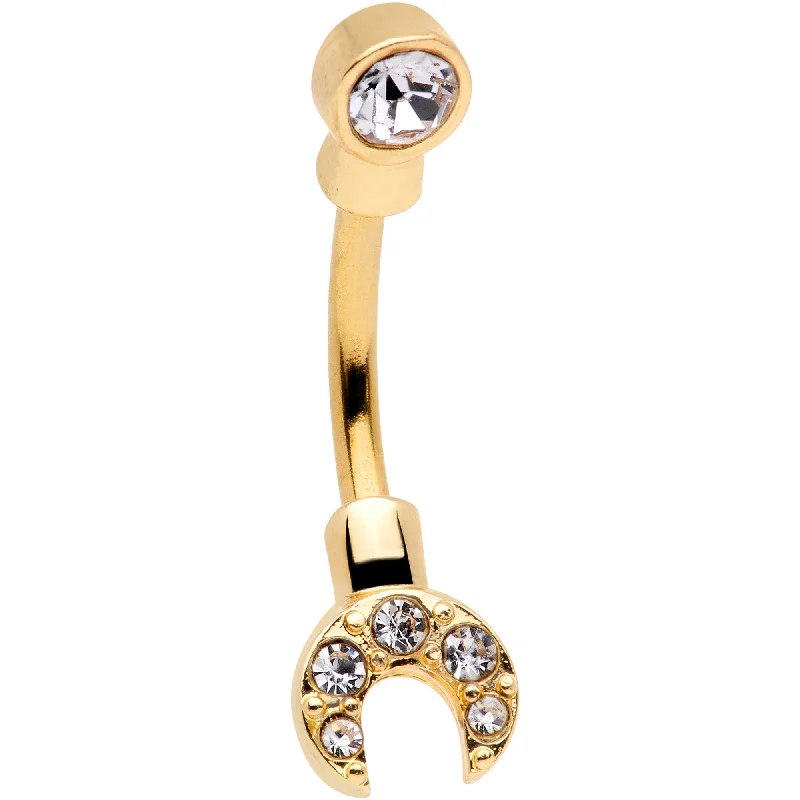 Unique Belly Rings for Creative Piercings -Clear Gem Gold Tone Crescent Wrench Double Mount Belly Ring Unique Belly Rings for Creative Piercings -Clear Gem Gold Tone Crescent Wrench Double Mount Belly Ring