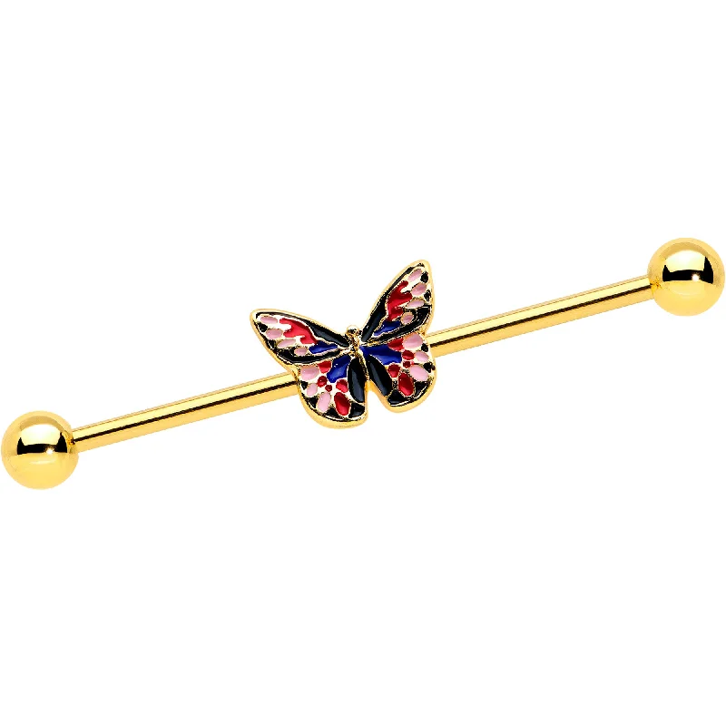 Women's Earrings – Elegant Designs for Every Personality--14 Gauge Gold Tone Red Blue Pink Butterfly Industrial Barbell 38mm