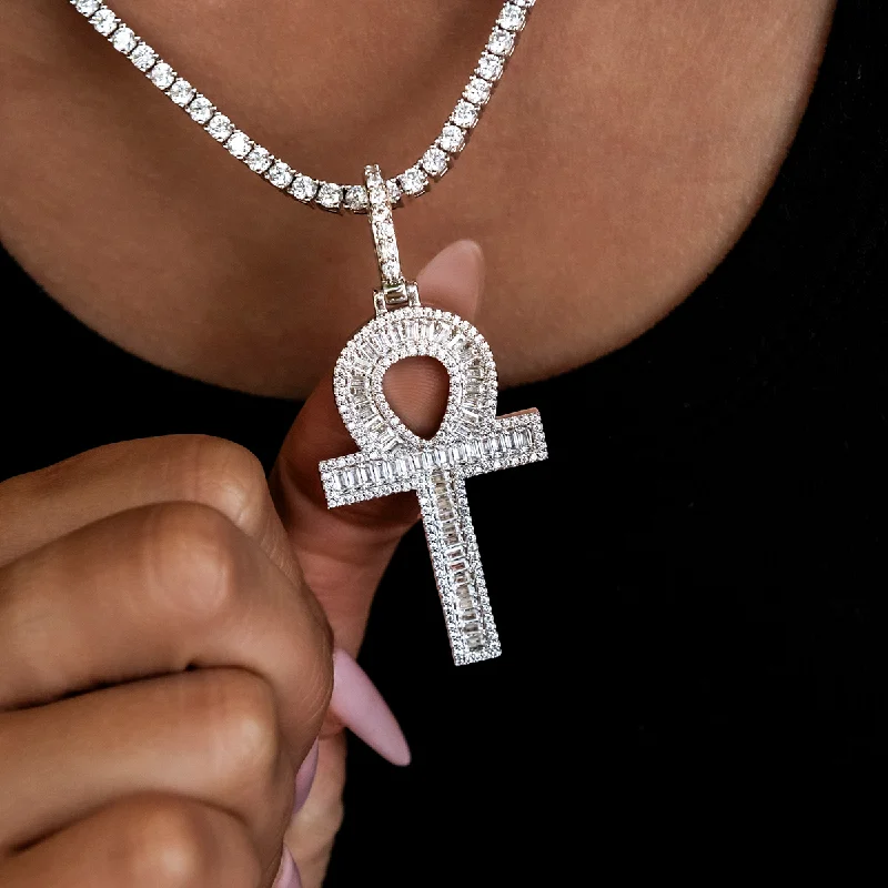 Shop Classic Women's  Necklaces & Pendants with a Modern Twist-Diamond Baguette Ankh Cross Pendant in White Gold