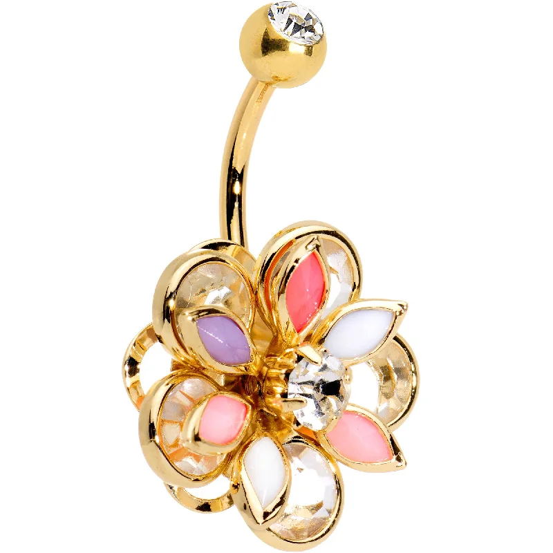 Belly Rings for Women -Clear Colorful Gem Gold Anodized Soft Pastel Flower Belly Ring Belly Rings for Women -Clear Colorful Gem Gold Anodized Soft Pastel Flower Belly Ring