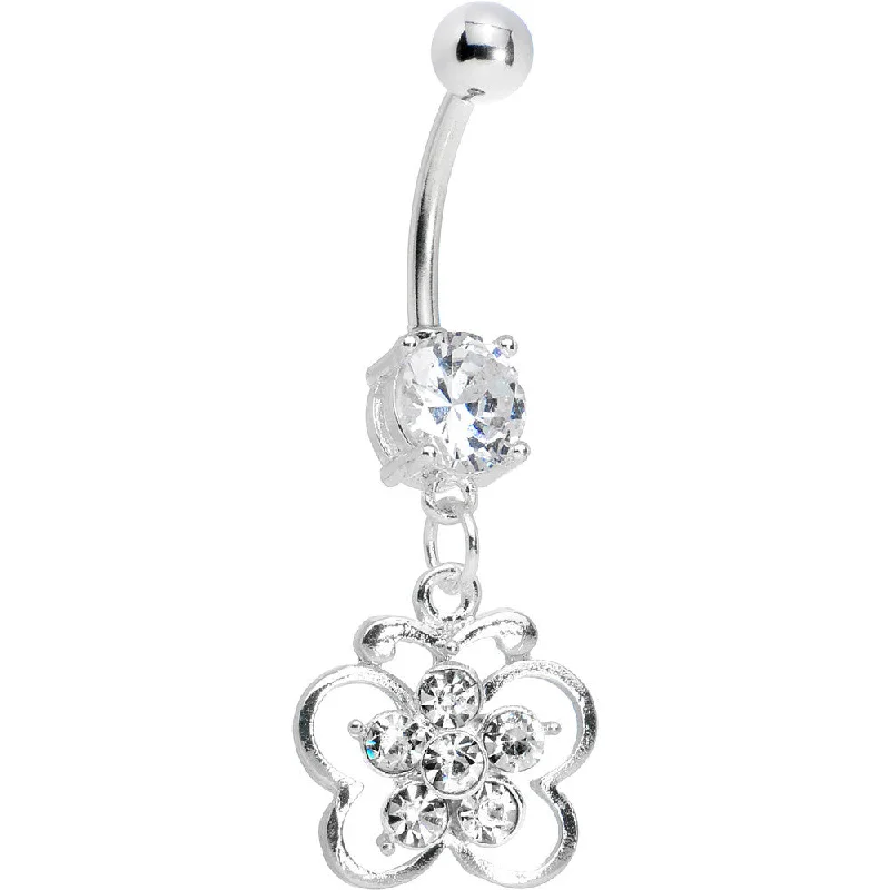 Designer Belly Rings with Artistic Features -Crystalline Gem Flower Center Butterfly Belly Ring Designer Belly Rings with Artistic Features -Crystalline Gem Flower Center Butterfly Belly Ring