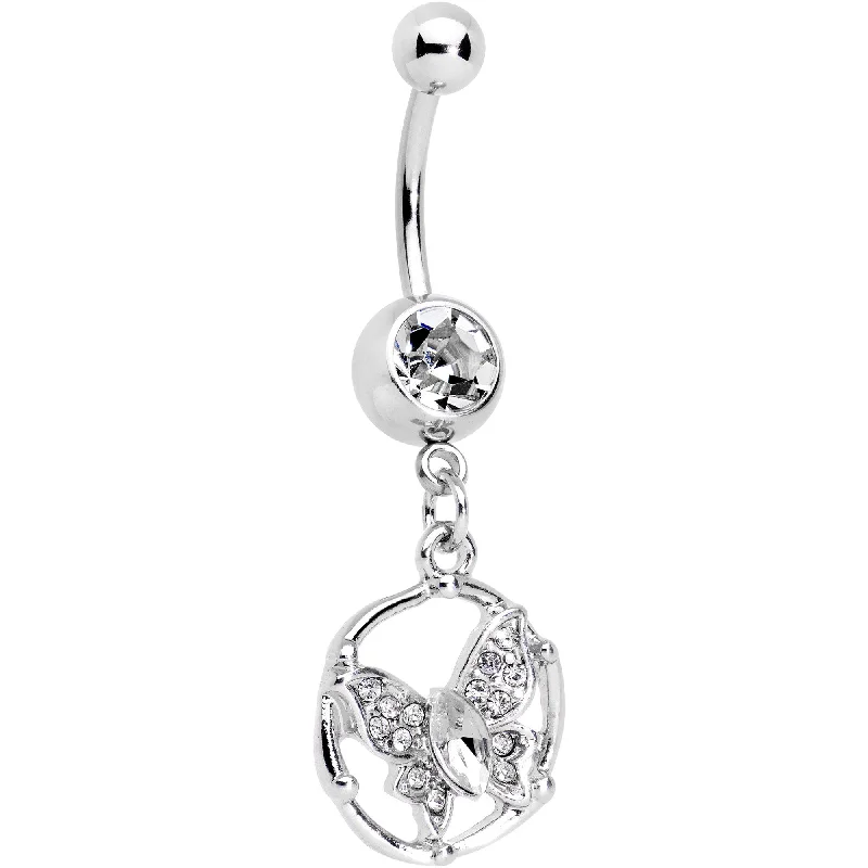 Beautiful Belly Rings with Unique Features -Clear CZ Gem Butterfly Halo Dangle Belly Ring Beautiful Belly Rings with Unique Features -Clear CZ Gem Butterfly Halo Dangle Belly Ring