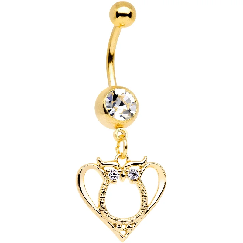Sparkling Belly Rings for Unique Shine -Clear Gem Gold Tone Anodized Owl Heart Dangle Belly Ring Sparkling Belly Rings for Unique Shine -Clear Gem Gold Tone Anodized Owl Heart Dangle Belly Ring