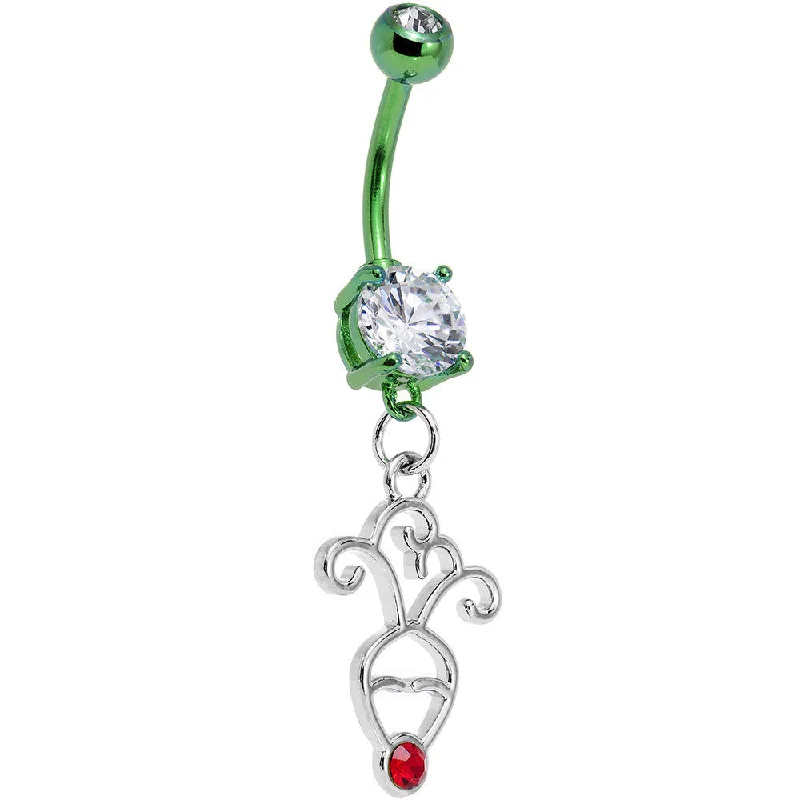 Designer Belly Rings with Stunning Finish -Green Red Nosed Rudolph Holiday Belly Ring Made with Crystals