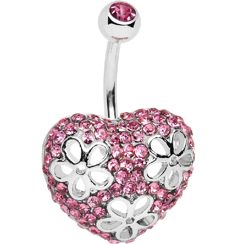 Elegant Belly Rings with Unique Details -Pink Cubic Zirconia Paved Floral Heart Belly Ring Elegant Belly Rings with Unique Details -Pink Cubic Zirconia Paved Floral Heart Belly Ring