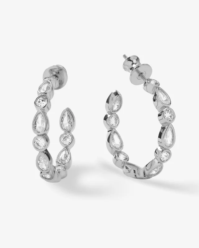 Women's Earrings – Elegant Designs for Every Personality--Isla Hoops 1" - Silver|White Diamondettes Women's Earrings – Elegant Designs for Every Personality--Isla Hoops 1" - Silver|White Diamondettes