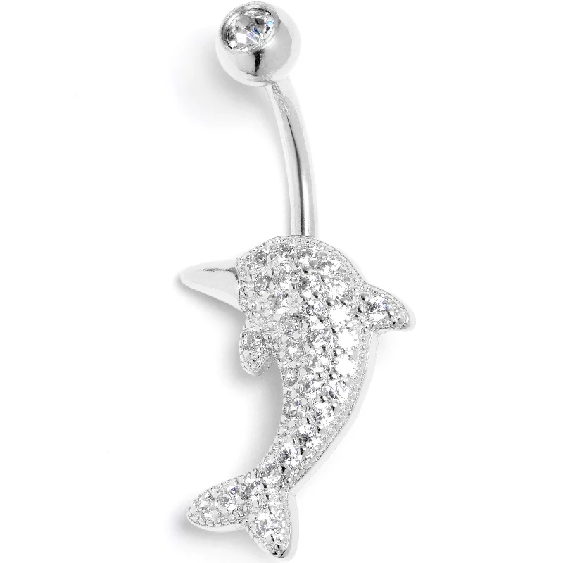 Trendy Belly Rings for Statement Fashion -Clear CZ Gem Deluxe Dolphin Belly Ring