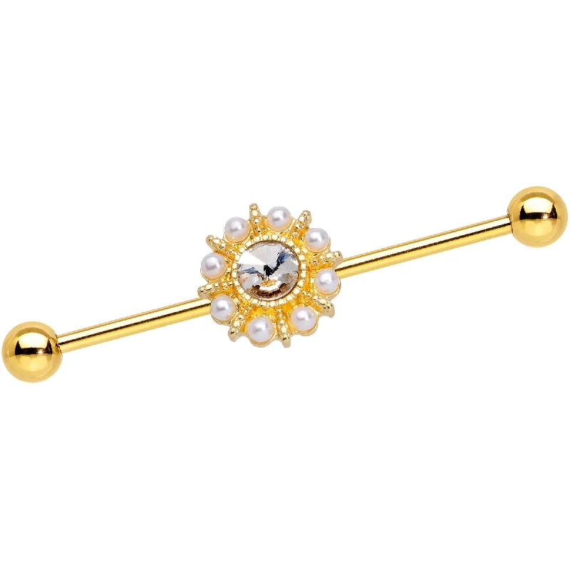 Women's Earrings – Elegant Designs for Every Personality--Clear Gem White Orb Gold PVD Sun Wheel Industrial Barbell 38mm Women's Earrings – Elegant Designs for Every Personality--Clear Gem White Orb Gold PVD Sun Wheel Industrial Barbell 38mm