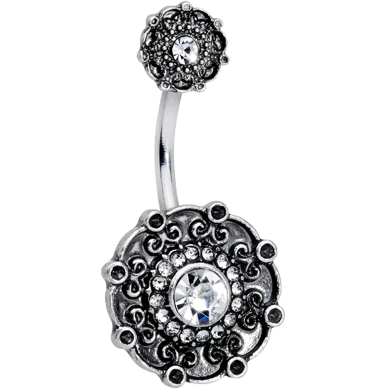 Designer Belly Rings with Creative Details -Clear Gem Floral Emblem Double Mount Belly Ring Designer Belly Rings with Creative Details -Clear Gem Floral Emblem Double Mount Belly Ring
