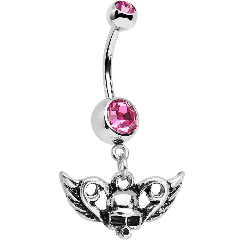 Trendy Belly Rings for Bold Fashionistas -Pink Gem Born to Be Bad Winged Skull Dangle Belly Ring Trendy Belly Rings for Bold Fashionistas -Pink Gem Born to Be Bad Winged Skull Dangle Belly Ring