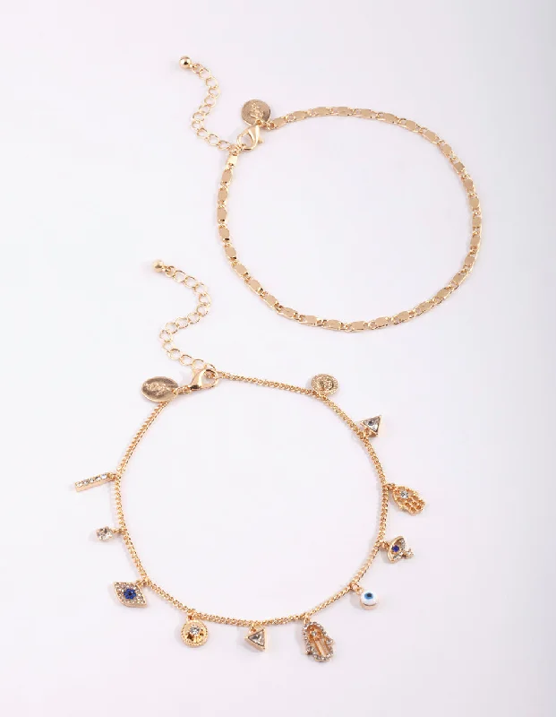 Comfortable Anklets for Trendy Women-Gold Evil Eye,Hamsa & Chain Charm Anklet Pack