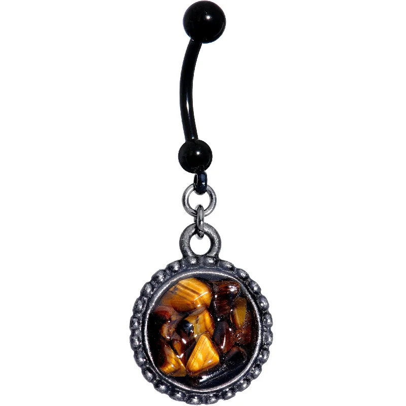 Designer Belly Rings for Exclusive Style -Handmade Titanium Anodized Tigers Eye Circular Frame Dangle Belly Ring Designer Belly Rings for Exclusive Style -Handmade Titanium Anodized Tigers Eye Circular Frame Dangle Belly Ring