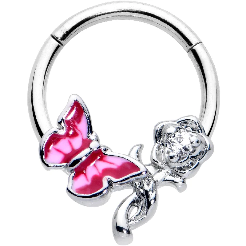 14k Gold Nose Rings -16 Gauge 3/8 Clear CZ Gem Butterfly Rose Flower Pink Hinged Segment Ring 14k Gold Nose Rings -16 Gauge 3/8 Clear CZ Gem Butterfly Rose Flower Pink Hinged Segment Ring