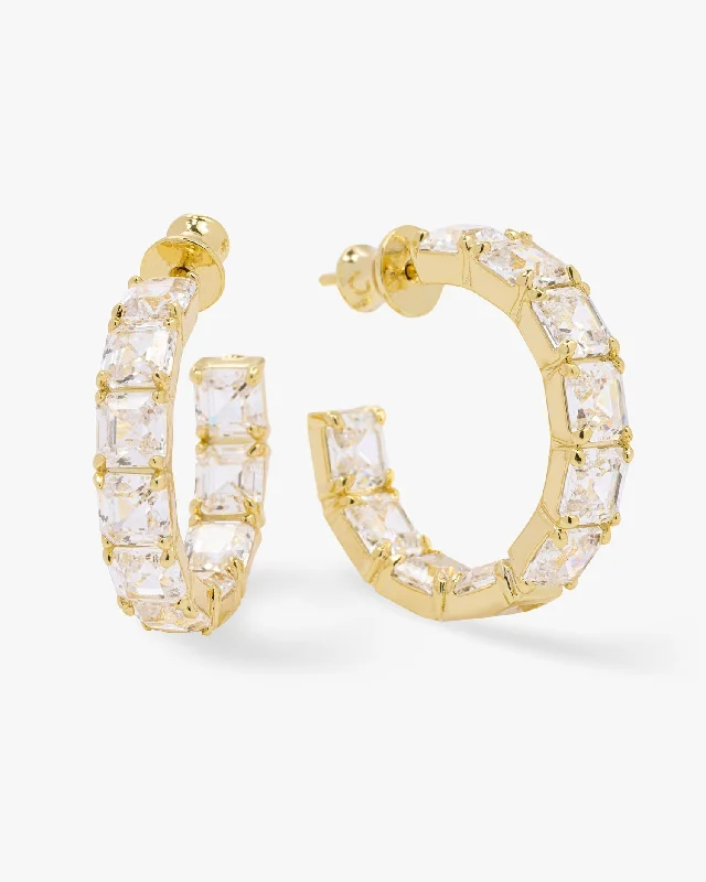 Women's Earrings – Elegant Designs for Every Personality--The Queen's Hoops 1" - Gold|White Diamondettes Women's Earrings – Elegant Designs for Every Personality--The Queen's Hoops 1" - Gold|White Diamondettes