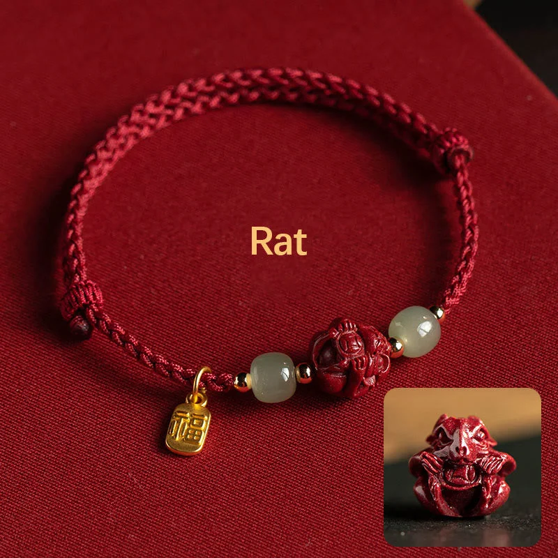 Men's Bracelets with Inspirational Symbols-Buddha Stones Natural Cinnabar Chinese Zodiac Hetian Jade Fu Character Luck Rope Bracelet Men's Bracelets with Inspirational Symbols-Buddha Stones Natural Cinnabar Chinese Zodiac Hetian Jade Fu Character Luck Rope Bracelet