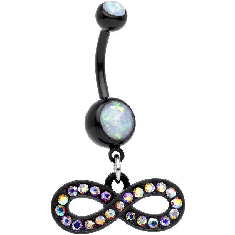 Designer Belly Rings for Unique Style -White Resin Faux Opal CZ Black PVD Infinity Dangle Belly Ring Designer Belly Rings for Unique Style -White Resin Faux Opal CZ Black PVD Infinity Dangle Belly Ring