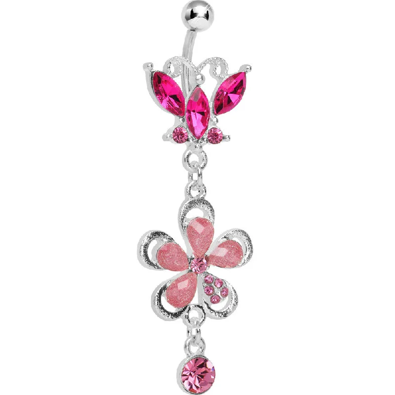 Belly Rings with Beautiful Detailing for Bold Style -Pink Gem Butterfly Flower Drop Belly Ring Belly Rings with Beautiful Detailing for Bold Style -Pink Gem Butterfly Flower Drop Belly Ring