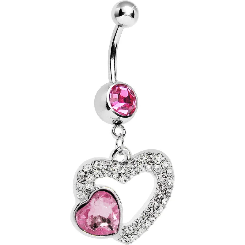 Unique Belly Rings for Bold Style -Pink Gem Hollow Heart Dangle Belly Ring