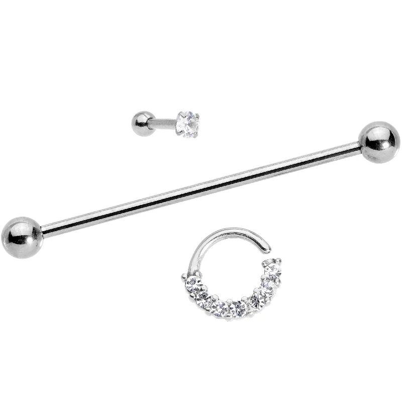 Women's Earrings – Elegant Designs for Every Personality--Clear CZ Gem Segment Ring Cartilage Industrial Set of 3 Women's Earrings – Elegant Designs for Every Personality--Clear CZ Gem Segment Ring Cartilage Industrial Set of 3
