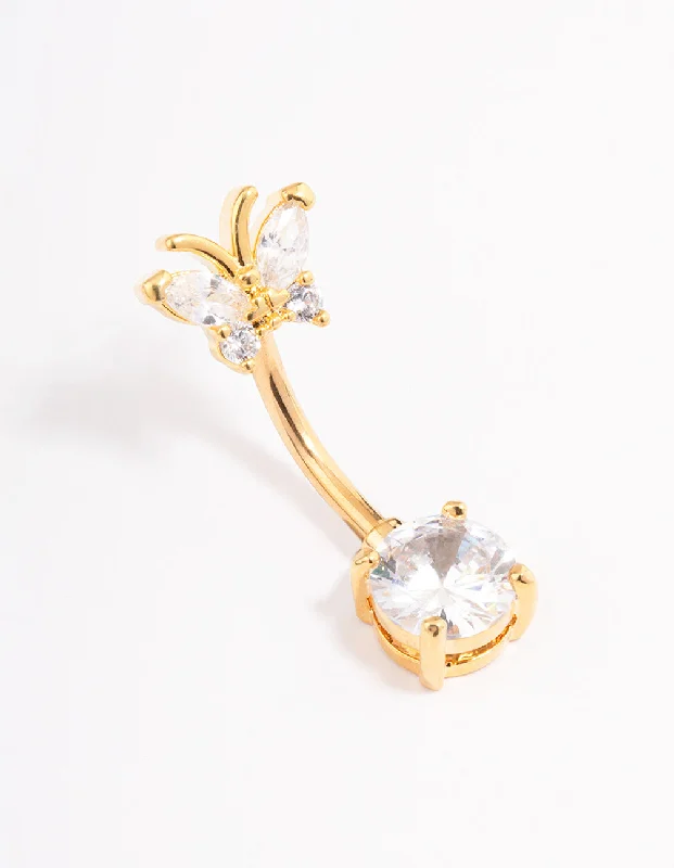 Trendy Belly Rings for Personalized Fashion -Gold Plated Surgical Steel Cubic Zirconia Butterfly Belly Ring Trendy Belly Rings for Personalized Fashion -Gold Plated Surgical Steel Cubic Zirconia Butterfly Belly Ring