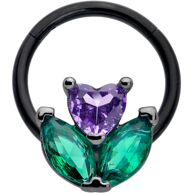 Nose Rings with Leaf Shape -16 Gauge 3/8 Purple Green CZ Gem Black Love Flower Hinged Segment Ring Nose Rings with Leaf Shape -16 Gauge 3/8 Purple Green CZ Gem Black Love Flower Hinged Segment Ring